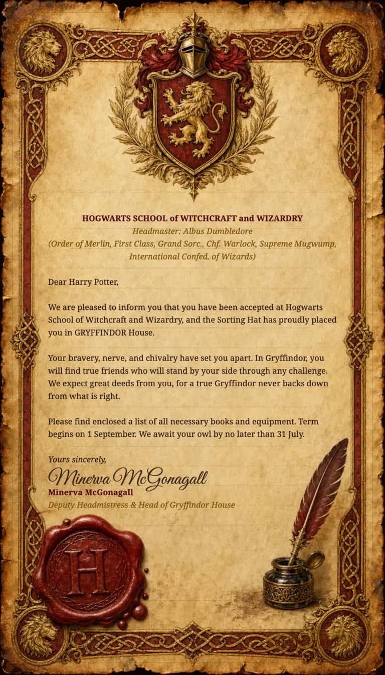 Harry Potter's Gryffindor Hogwarts letter template