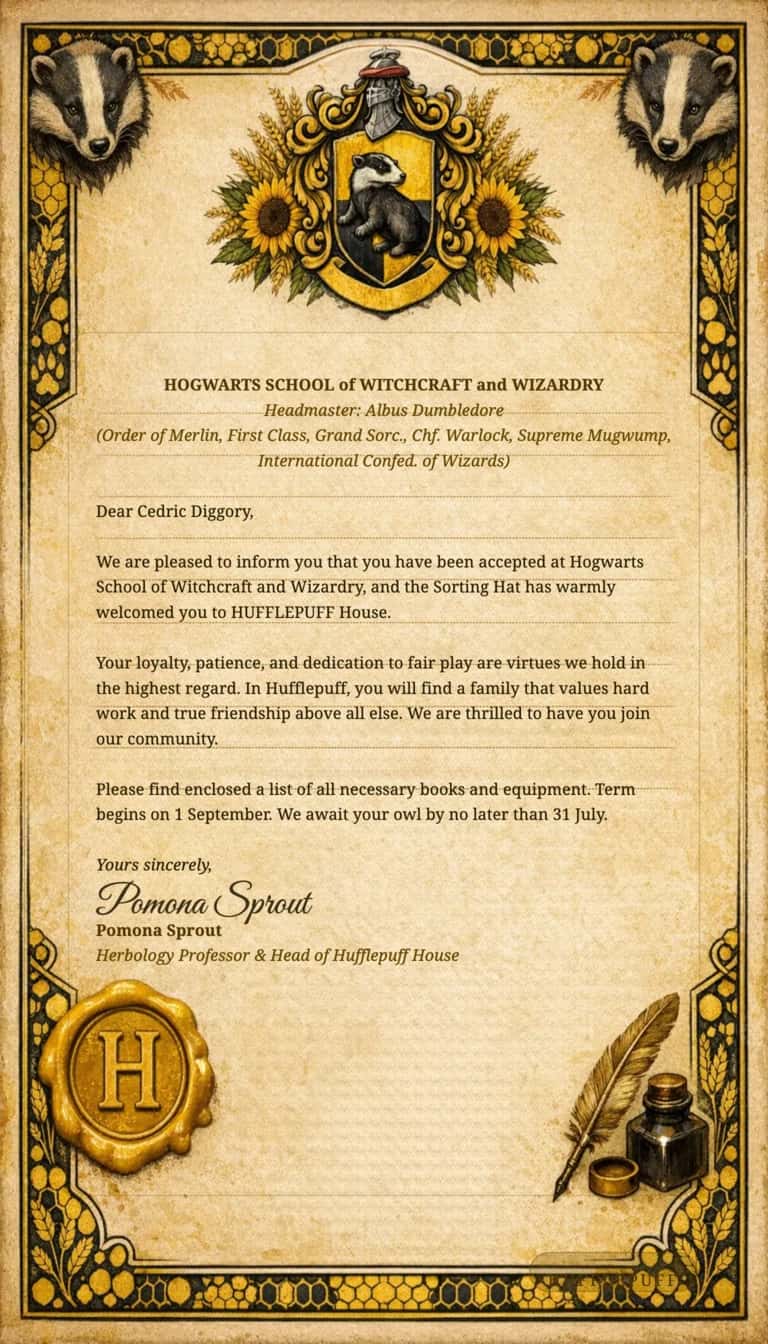 Ron Weasley's Hufflepuff Hogwarts letter template