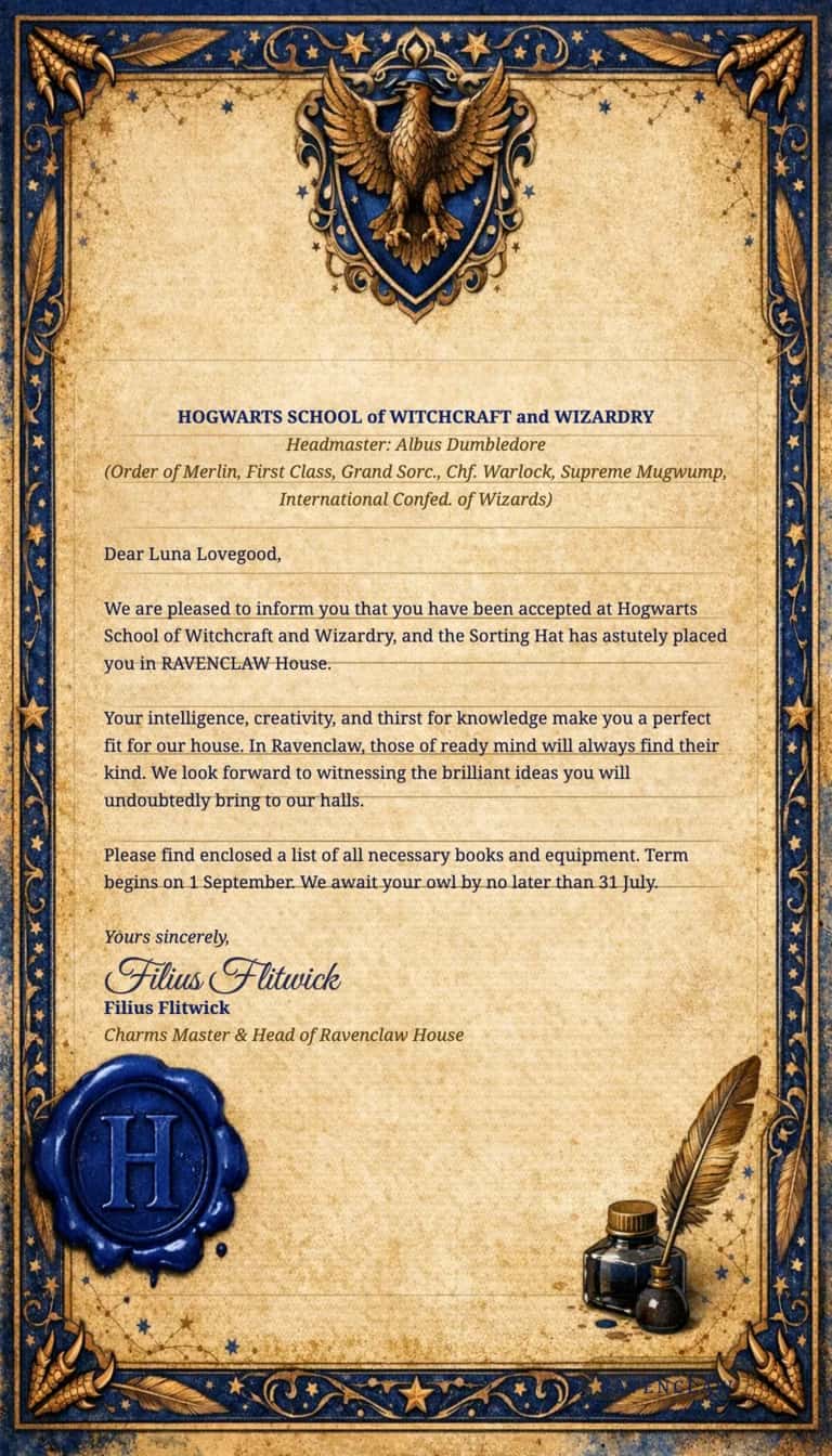 Hermione Granger's Ravenclaw Hogwarts letter template